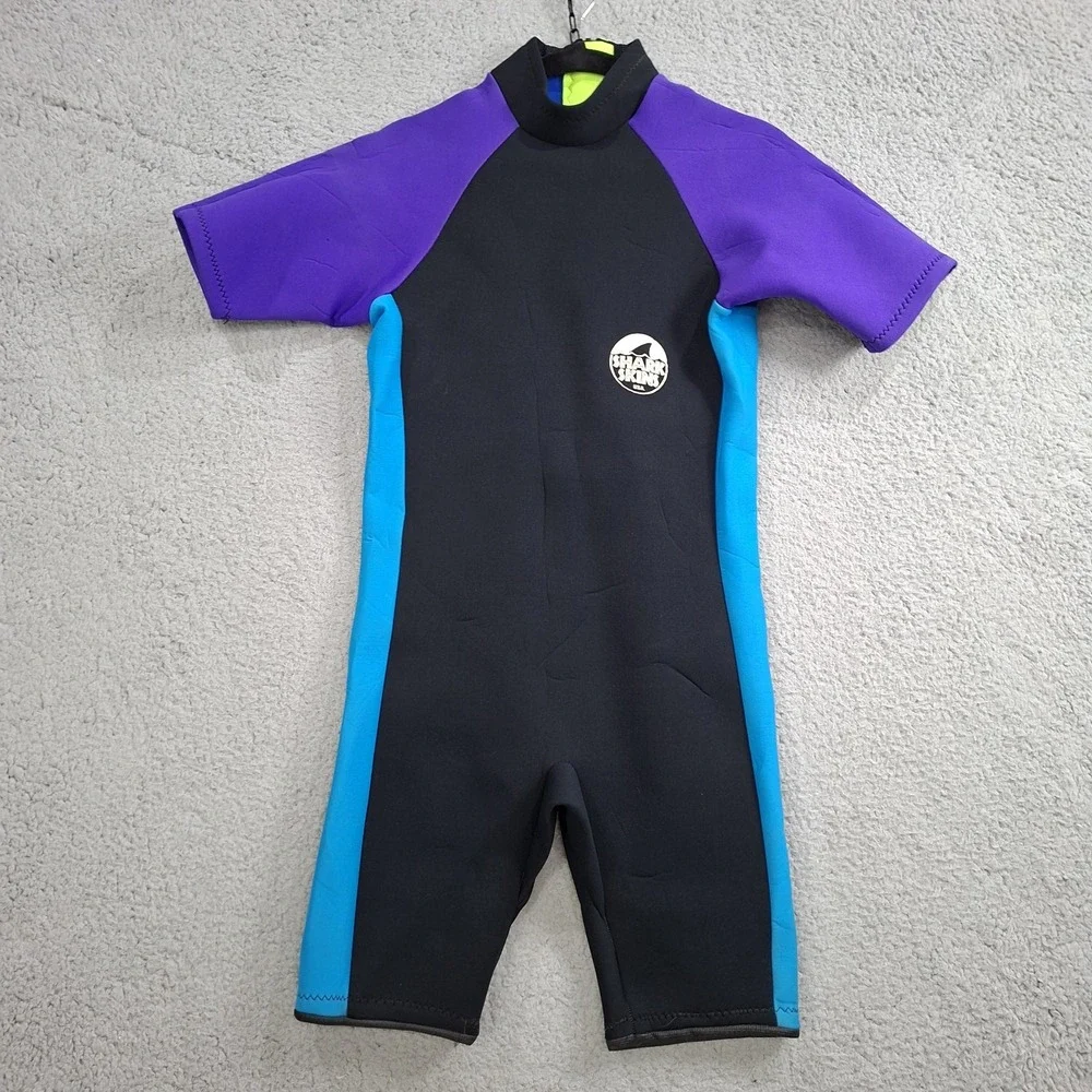 Shark Skins USA Mens Shorty Wetsuit Purple Teal Black Back Zip Dive Skin Size L